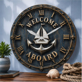 Welcome Aboard Nautical Anchor Sailboat Coastal ラージ壁時計