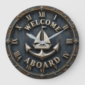 Welcome Aboard Nautical Anchor Sailboat Coastal ラージ壁時計 (正面)