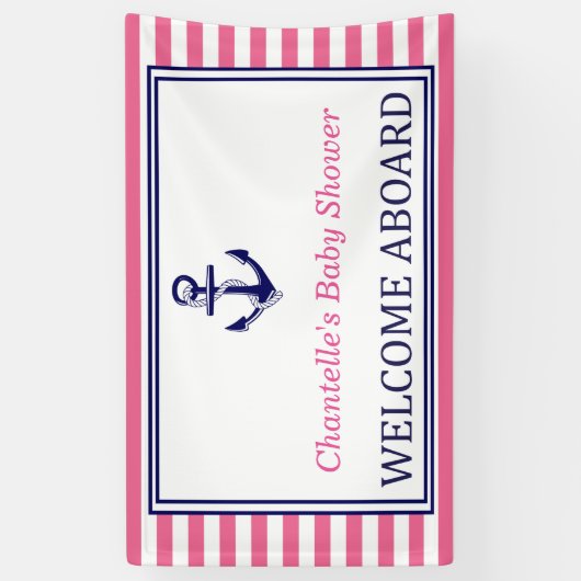 Welcome Aboard - Sign - Pink Navy Nautical 横断幕 (縦)