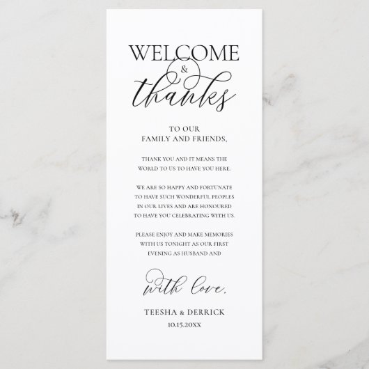 "Welcome and Thanks" Elegant Reception Guest Card プログラム (正面)