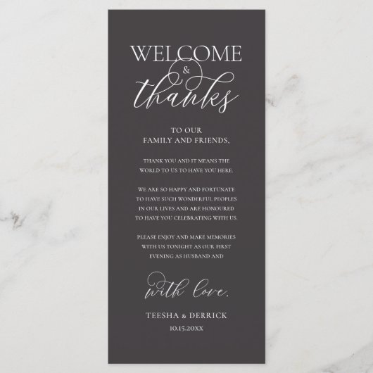 "Welcome and Thanks" Elegant Reception Guest Card プログラム (正面)