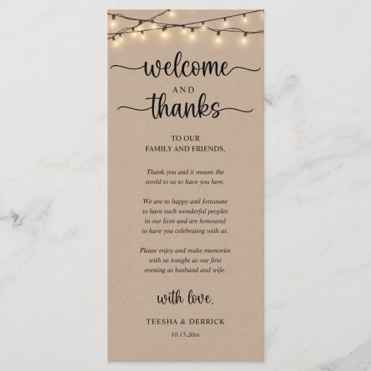 "Welcome and Thanks" Rustic Reception Guest Card プログラム (正面)