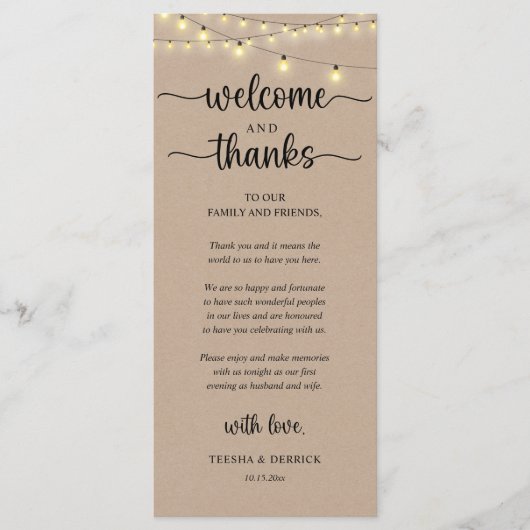 "Welcome and Thanks" Rustic Reception Guest Card プログラム (正面)