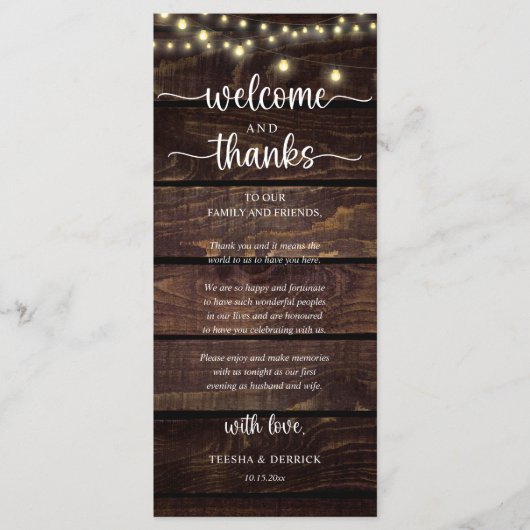 "Welcome and Thanks" Rustic Reception Guest Card プログラム (正面)