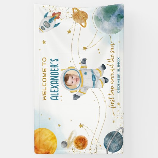 Welcome Around the Sun Space Photo First Birthday 横断幕 (縦)