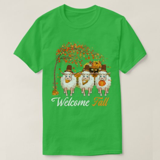 Welcome Autumn Tree Three Sheep Farmer Pumpkins Pi Tシャツ (デザイン正面)