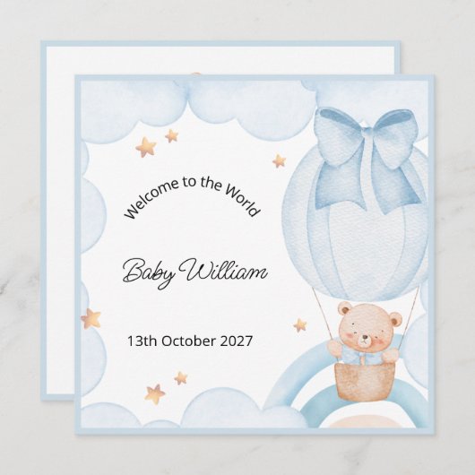 Welcome Baby Boy Balloon Teddy Bear Card (正面/裏面)