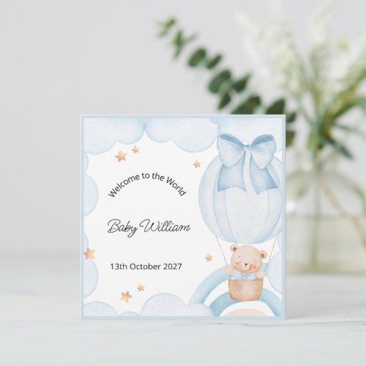 Welcome Baby Boy Balloon Teddy Bear Card (スタンド正面)