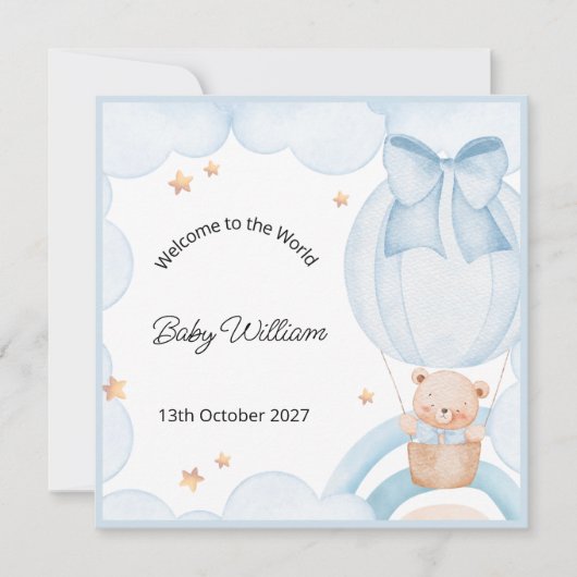 Welcome Baby Boy Balloon Teddy Bear Card (正面)