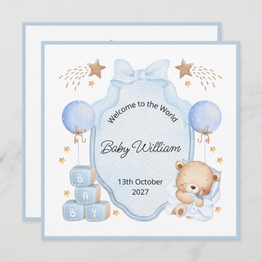 Welcome Baby Boy Blue Frame Teddy Bear Card (正面/裏面)