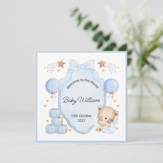 Welcome Baby Boy Blue Frame Teddy Bear Card (スタンド正面)