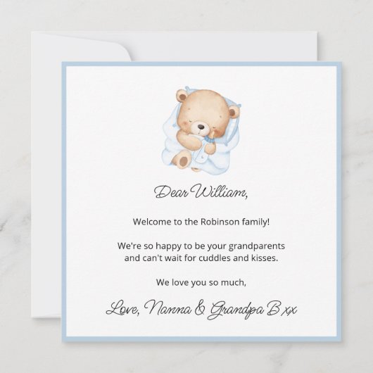 Welcome Baby Boy Blue Frame Teddy Bear Card (裏面)