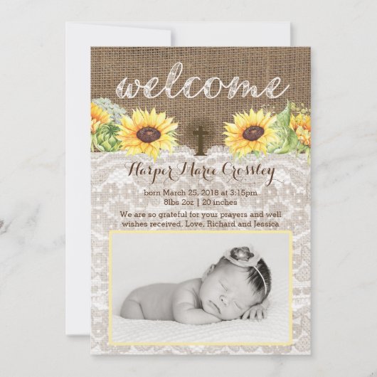 Welcome Baby Girl cards with Sunflowers and Burlap 案内状 (正面)