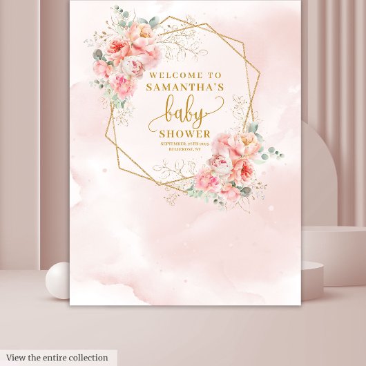 Welcome Baby Girl pale pink gold peonies backdrop タペストリー