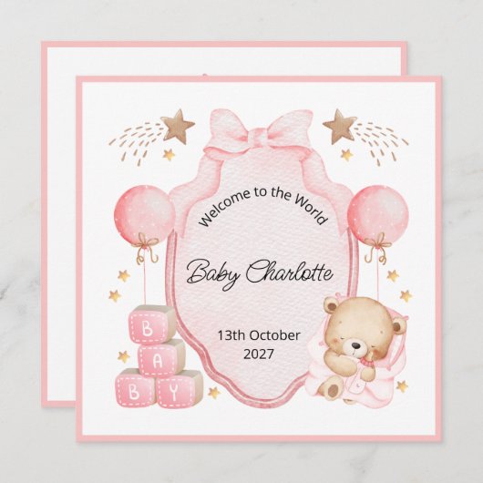 Welcome Baby Girl Pink Frame Teddy Bear Card (正面/裏面)