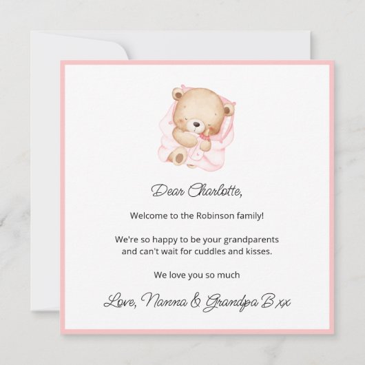 Welcome Baby Girl Pink Frame Teddy Bear Card (裏面)