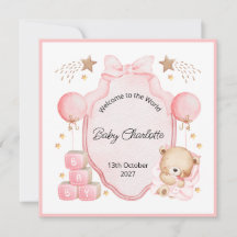 Welcome Baby Girl Pink Frame Teddy Bear Card