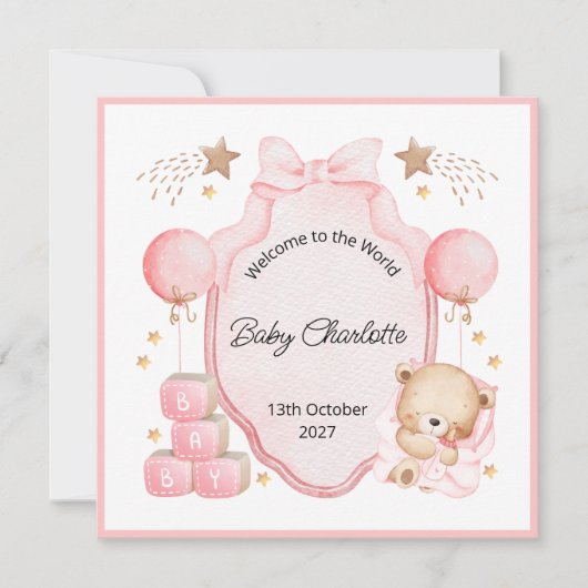 Welcome Baby Girl Pink Frame Teddy Bear Card (正面)
