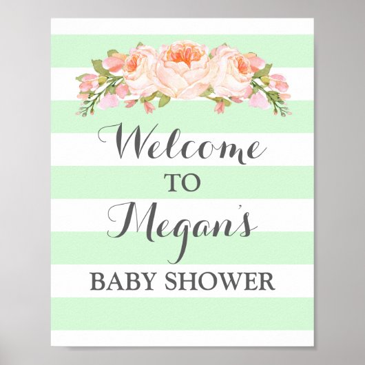 Welcome Baby Shower Sign Mint Flowers Stripes ポスター (正面)