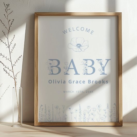 Welcome Baby Wildflower Baby Shower Dusty Blue  ポスター