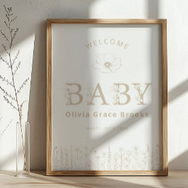 Welcome Baby Wildflower Baby Shower Neutral Taupe ポスター