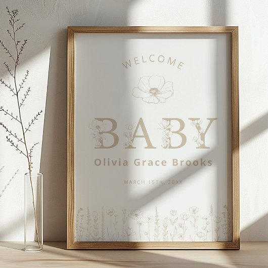 Welcome Baby Wildflower Baby Shower Neutral Taupe ポスター