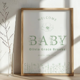 Welcome Baby Wildflower Baby Shower Sage Green ポスター