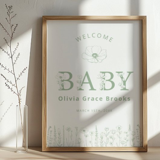Welcome Baby Wildflower Baby Shower Sage Green ポスター