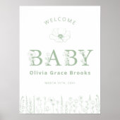 Welcome Baby Wildflower Baby Shower Sage Green ポスター (正面)