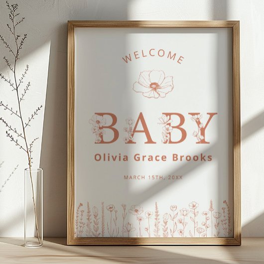 Welcome Baby Wildflower Baby Shower Terracotta ポスター