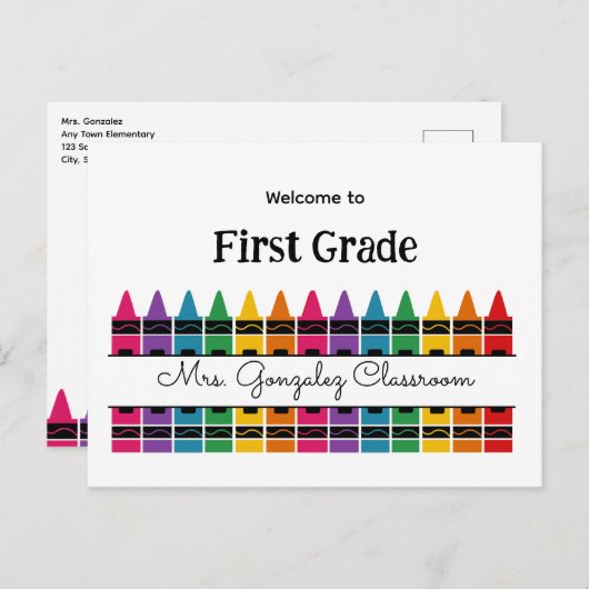 Welcome Back to School Rainbow Crayon シーズンポストカード (正面/裏面)
