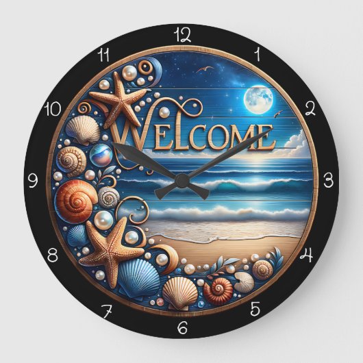 Welcome Beach Seashell  ラージ壁時計 (正面)