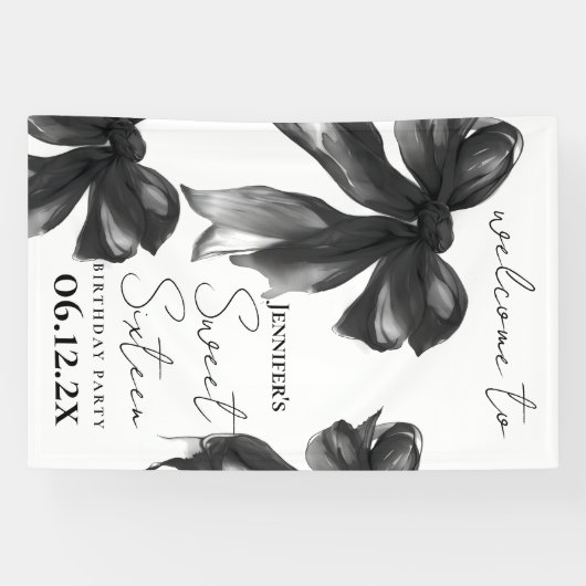 Welcome Black Bow Coquette Script Sweet 16 Party 横断幕 (横)