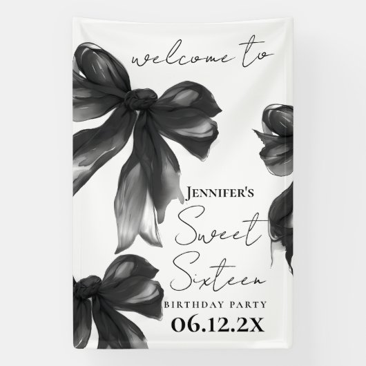 Welcome Black Bow Coquette Script Sweet 16 Party 横断幕 (縦)
