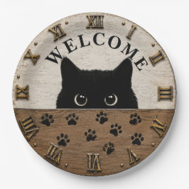 Welcome Black Cat Cute Peeking Kitty Rustic Farmho ペーパープレート