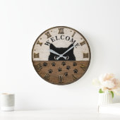 Welcome Black Cat Cute Peeking Kitty Rustic Farmho ラージ壁時計 (ホーム)