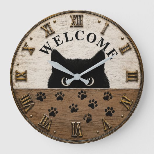 Welcome Black Cat Cute Peeking Kitty Rustic Farmho ラージ壁時計 (正面)