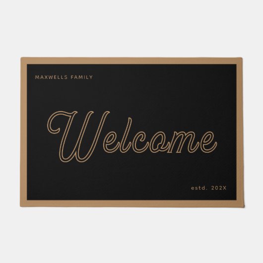 Welcome Black Gold Script Family Name Year ドアマット (正面)