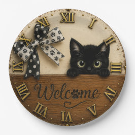 Welcome Black Kitten Cute Peeking Cat ペーパープレート