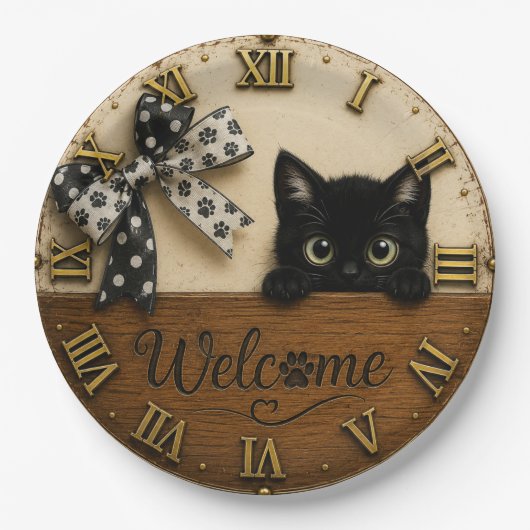 Welcome Black Kitten Cute Peeking Cat ペーパープレート (正面)