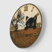 Welcome Black Kitten Cute Peeking Cat ラージ壁時計 (傾斜)