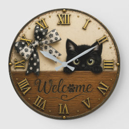 Welcome Black Kitten Cute Peeking Cat ラージ壁時計