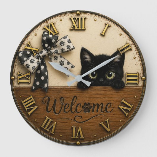 Welcome Black Kitten Cute Peeking Cat ラージ壁時計 (正面)