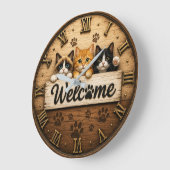 Welcome Cats Cute Trio of Kittens Rustic Farmhouse ラージ壁時計 (傾斜)
