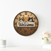 Welcome Cats Cute Trio of Kittens Rustic Farmhouse ラージ壁時計 (ホーム)