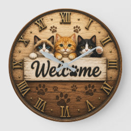 Welcome Cats Cute Trio of Kittens Rustic Farmhouse ラージ壁時計