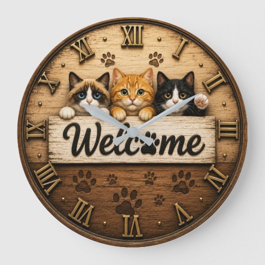 Welcome Cats Cute Trio of Kittens Rustic Farmhouse ラージ壁時計 (正面)