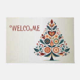 Welcome Christmas Colorful Tree Scandinavia Folk  ドアマット