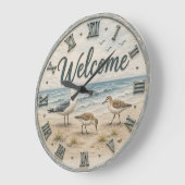 Welcome Coastal Seabirds Rustic Beach House  ラージ壁時計 (傾斜)