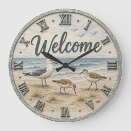 Welcome Coastal Seabirds Rustic Beach House ラージ壁時計